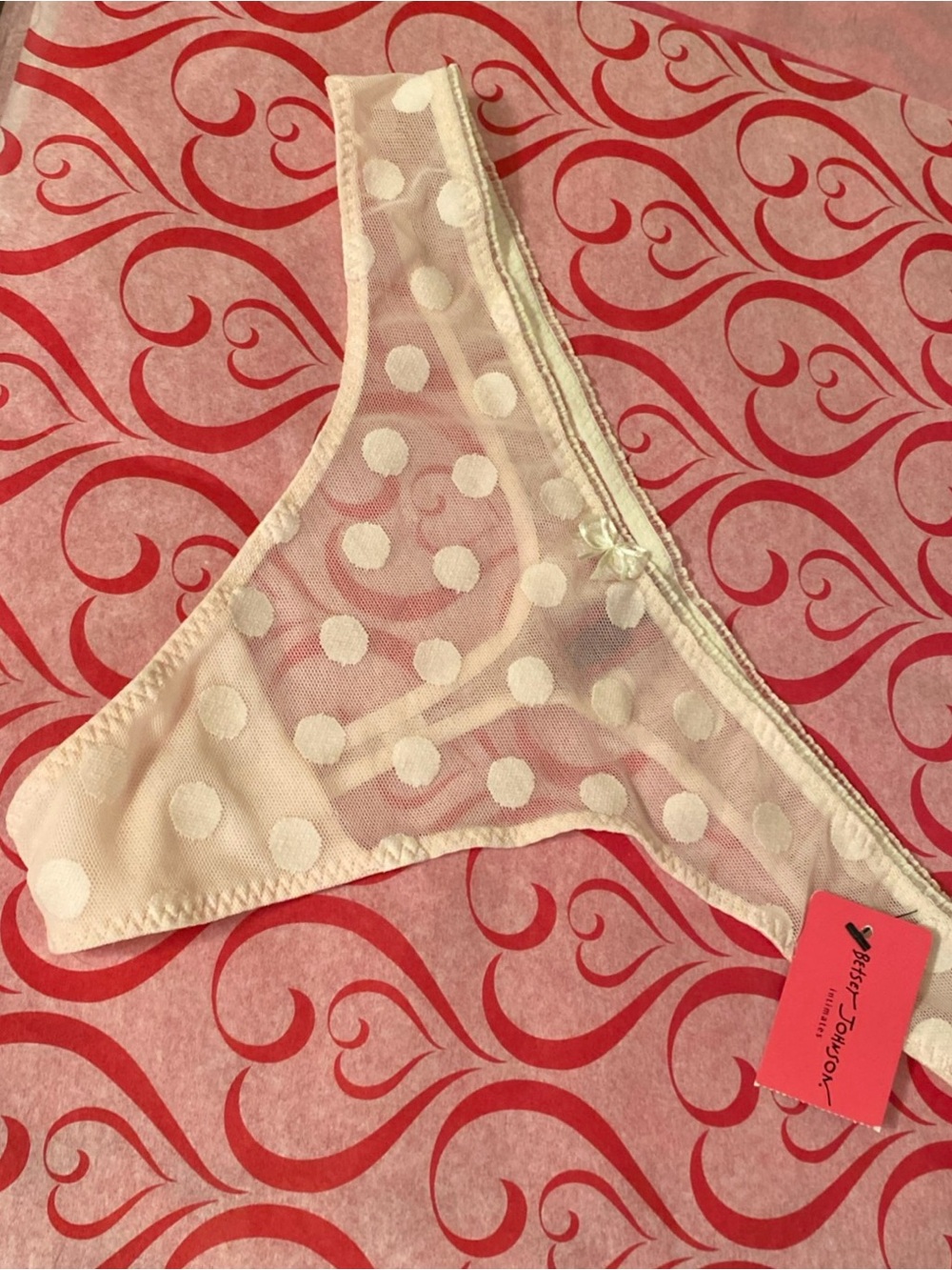 Betsy Johnson Intimates NWT VTG ‘12 M Sheer Blush Chiffon Polka Dot Thong Panty